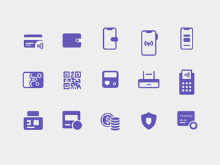Collection of modern purple digital payment and finance icons including contactless credit card wallet smartphone qr code payment terminal coins shield and bank card silhouette