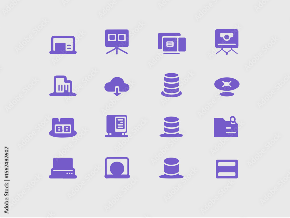 Aufkleber collection of modern flat purple digital technology icons representing data storage cloud computing 