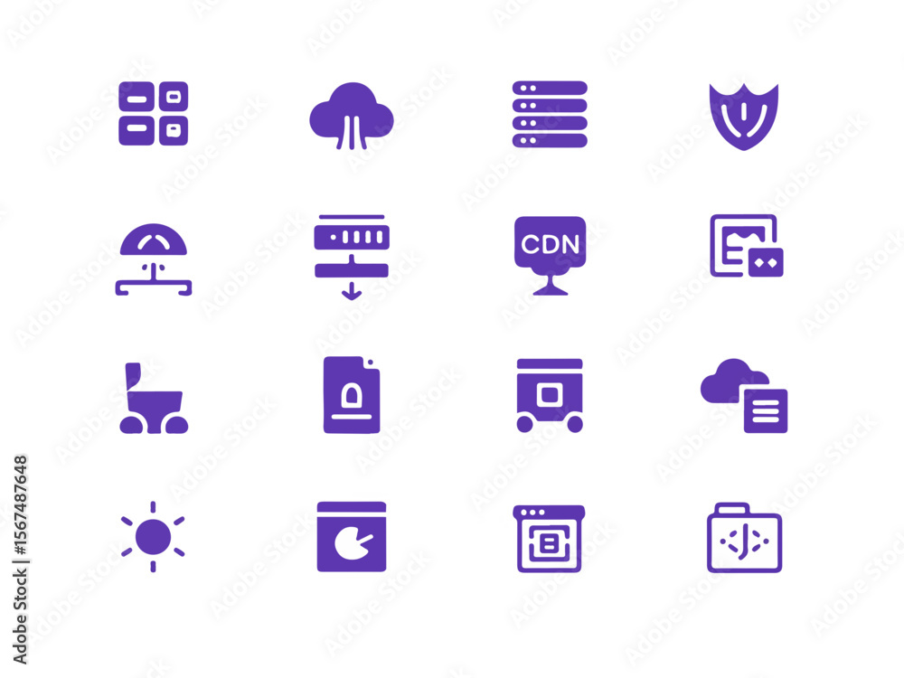 Poster a collection of modern purple technology and data icons presented in a clean silhouette style on a b