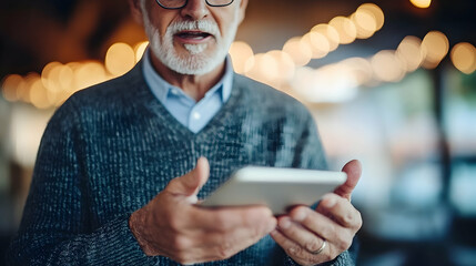 Senior man with glasses using a tablet device in a warm, bokeh-l