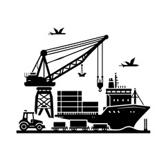 silhouette of Cargo ship  and port crane 