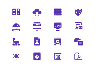 A collection of modern purple technology and data icons presented in a clean silhouette style on a black background representing various digital services and concepts