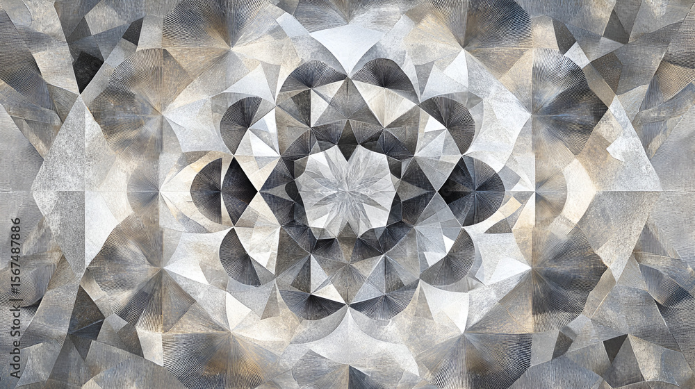 Poster geometric pattern of triangles circles and radial lines in shades of gray and white