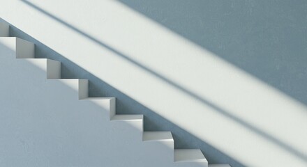 Obraz premium Simple White Steps with Dramatic Sunlight on Minimalist Blue Wall