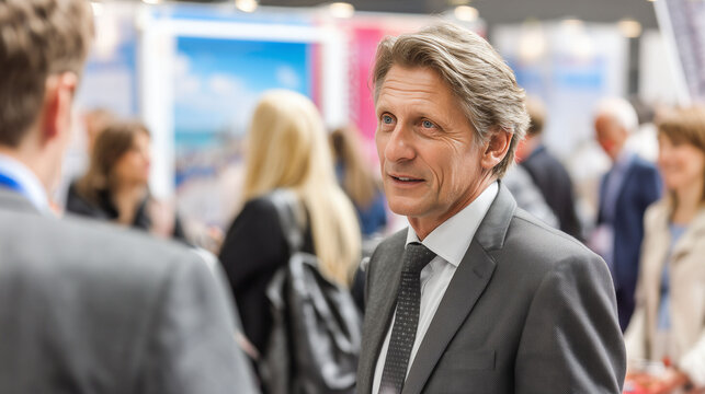 senior business executive engaging in conversation at international trade show representing corporate leadership and professional networking in global industry event