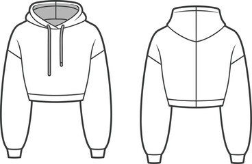 Cropped hoodie fashion sketch, front and back technical flat drawing, hoodie template for clothing design, streetwear garment vector illustration