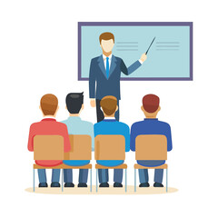 Flat Design Illustration of Teacher Explaining Lesson to Students in Classroom Setting