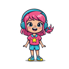 Adorable girl cartoon character wearing headphone vector illustration