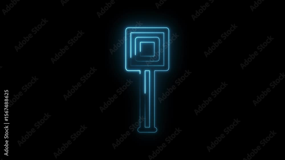 Poster abstract glowing key shape with neon blue light on black background animation loop