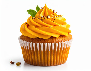 Delicious curry cupcake topped with vibrant orange frosting, garnished with nuts and mint leaves, perfect for dessert lovers
