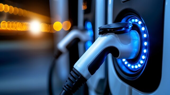Row of white electric vans connected to chargers focus on sustainable fleet management and green transportation infrastructure. Eco friendly vehicle charging network a clean energy