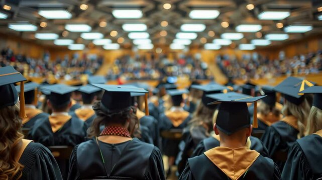 A large group of graduates are sitting in a room with their caps and gowns on. Scene is one of celebration and accomplishment
