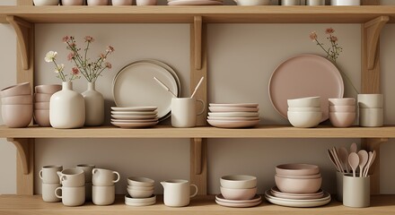 Elegant Kitchenware Display: The image showcases a curated collection of stylish dishware, each piece arranged on a series of wooden shelves, in an artistic composition of form and function.