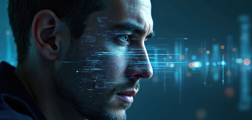 Man face with digital glitch effect. Conceptual art represents data corruption, cyber issues, lost signals, and human error in the digital age. Futuristic, dark blue background with bokeh lights.