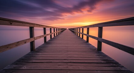 Obraz premium Wooden Pier Stretching Towards Colorful Sunset Sky and Calm Water