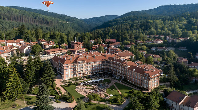 Aerial view of a grand hotel nestled in a valley with a parachut