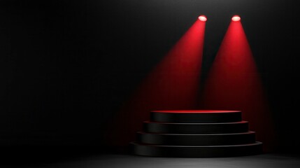 Movie award podium on a stage bathed in red spotlight close up on cinematic elegance theme of winner announcements realistic Multilayer film festival backdrop. A grand ceremony