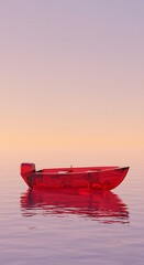 Solitary Red Boat on Calm Water: A vibrant red boat floats serenely on tranquil waters, reflecting the soft pastel hues of the twilight sky above, evoking a sense of peace and solitude.