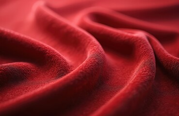 Rich red fabric texture close-up. Luxurious material with soft folds and waves, smooth surface detail. Ideal for fashion, decor, and Valentine themes. Versatile textile sample.