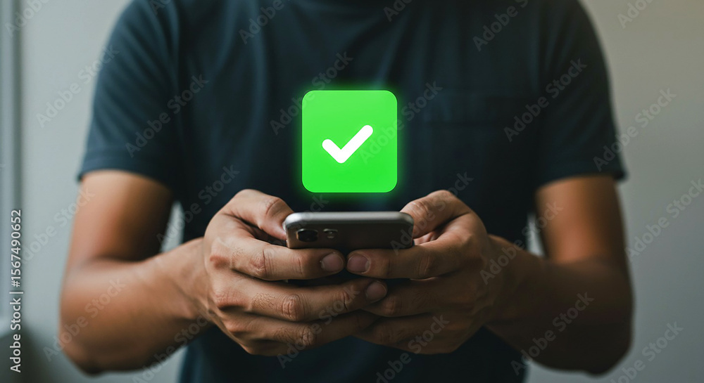 Poster a person holding a phone with a green check mark hovering above it in a well lit indoor setting