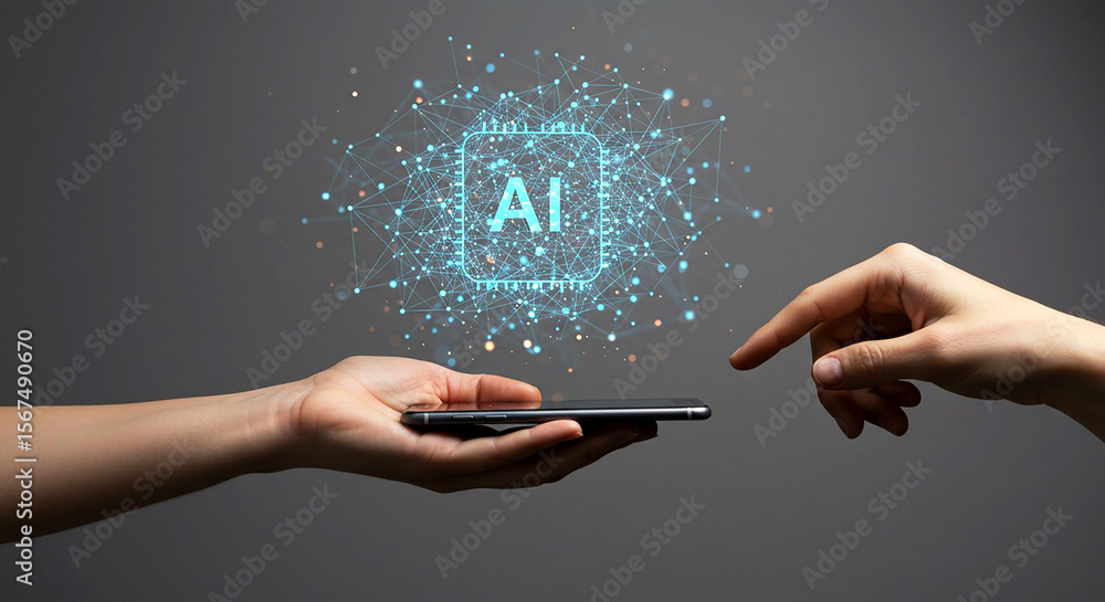 Poster hands holding a phone with ai hologram hovering above it against a grey colored background image