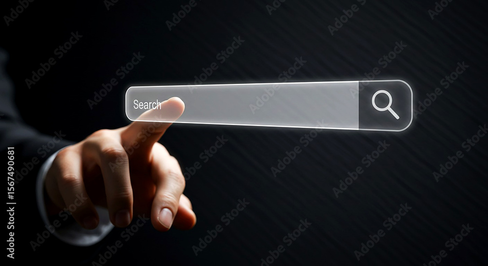 Poster a hand touching a search bar with a magnifying glass icon on a dark background in a modern style