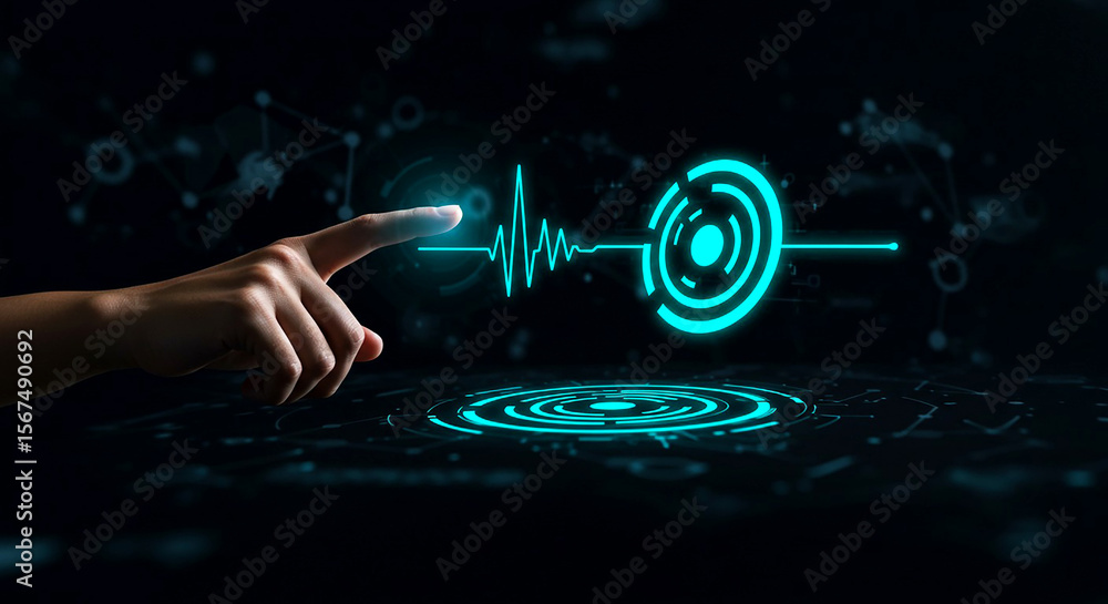Aufkleber a hand touching a glowing turquoise waveform connected to a circular target interface design