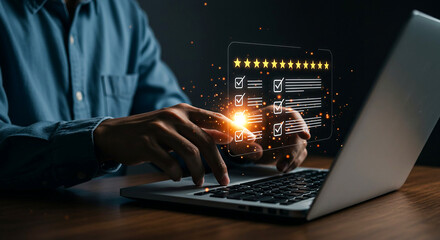 Man using laptop with digital checklist and star rating interface overlaying the screen display view