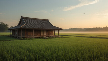 Obraz premium A serene traditional Japanese countryside house with curved tiled roof and sliding wooden doors
