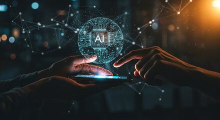 Person using smartphone with ai hologram and network connections in a dark illuminated setting