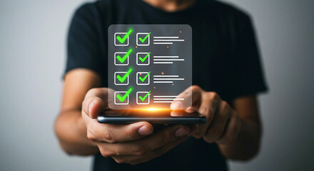 Person holding a phone with a digital checklist with green check marks and horizontal lines shown on screen