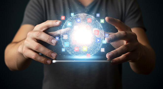 Person holding a digital globe with social media icons above a tablet in a dark environment