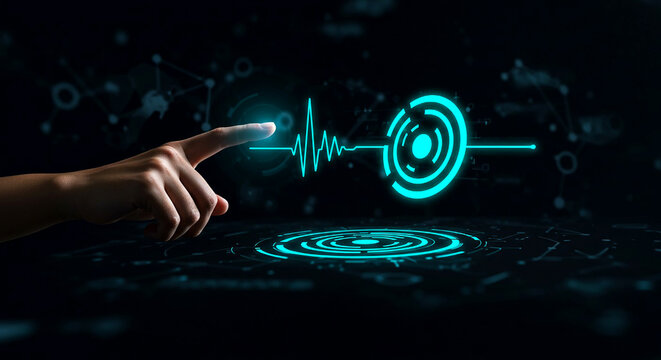 A hand touching a glowing turquoise waveform connected to a circular target interface design