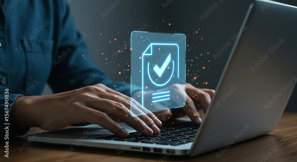 Poster person typing on a laptop with a digital document and checkmark overlay in a modern office setting