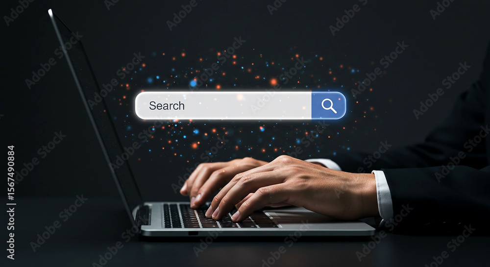 Fototapete person typing on laptop with search bar overlay and colorful particles in a dark background scene