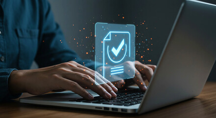 Person typing on a laptop with a digital document and checkmark overlay in a modern office setting