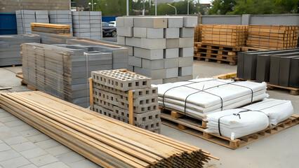 Portrait of organized construction site with stacks building materials ; concrete blocks, lumber, rebar, pallets, and cement bags - ready for development concept