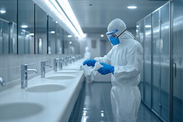 Sanitization Worker in Protective Gear Cleaning Public Restroom Sinks
