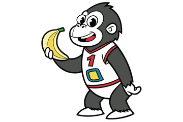 Smiling cartoon gorilla in jersey shows banana; the number one is on shirt