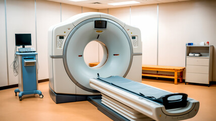 A modern medical CT scanning room with a large gray circular CT scanner mounted on a movable table.