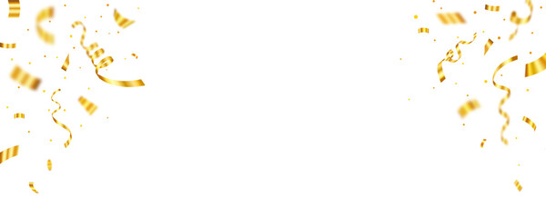 Gold confetti and ribbon. Confetti celebration party background. Falling shiny golden confetti isolated on transparent background.