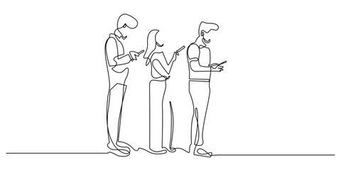 continuous line group of teenagers busy looking at mobile phones.single line drawing of young people lining up and looking at each other's mobile phone screens.single line vector illustration