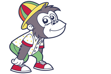 Smiling cartoon ape with hat and vibrant shirt gazes thoughtfully toward the empty space