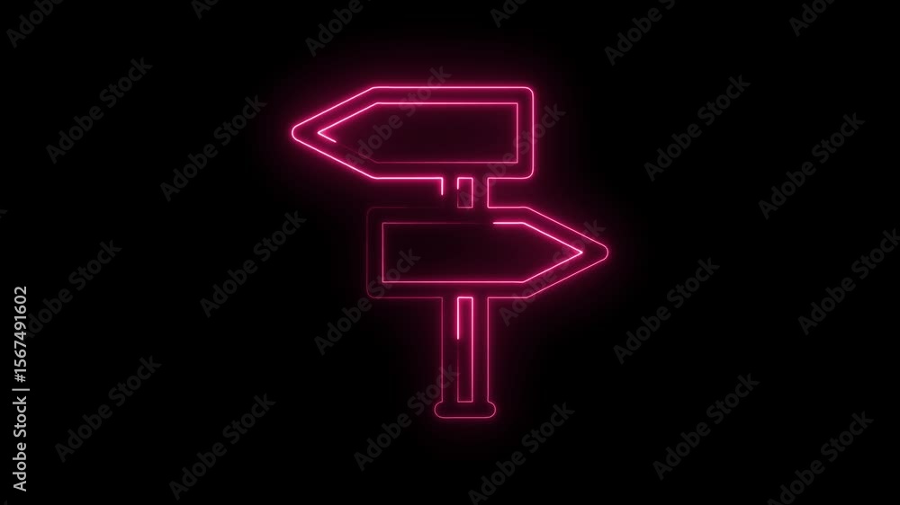 Poster pink neon signpost animation on black background showing different directions choice and navigation
