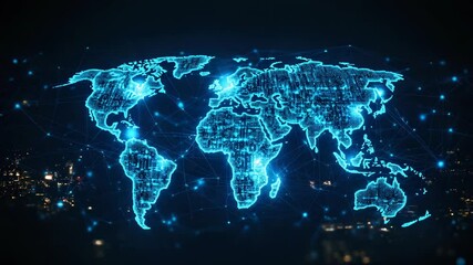 Glowing digital world map with interconnected nodes, overlaid on a blurred cityscape at night, illustrating global connectivity and data flow - Powered by Adobe