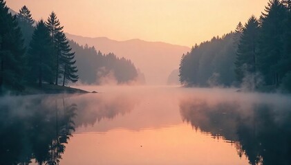 Serene lakeside scene at dawn, mist clinging to the water's surface, reflecting the soft light Peaceful, tranquil atmosphere, ideal for relaxation and nature themes , tranquility, sunrise