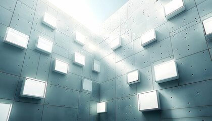 Abstract architectural interior with glowing square windows and