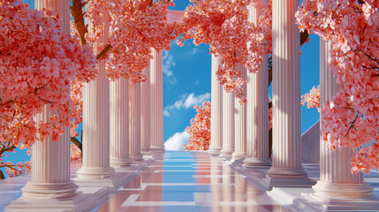 3D Surreal Landscape with Pink Cherry Blossom Trees, Elegant White Pillars, and Tranquil Reflective Pathway, Dreamlike Serene Atmosphere in a Vibrant Fantasy World