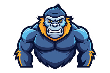 Muscular blue cartoon gorilla mascot stares with angry golden eyes and a fierce expression