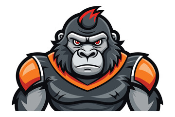 Ferocious gray gorilla displays menacing red eyes and sports an orange mohawk haircut